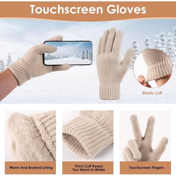 Women\'s Oat Winter Knit Warm Hat Beanie Gloves Set Pom Fleece Lined Hat main image 5